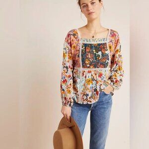 Maeve by Anthropologie Nikki Floral Peasant Blouse Patchwork Boho (Size Large)